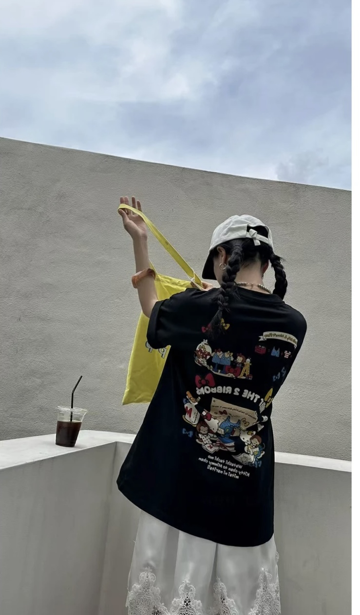 （大财主）大码韩系减龄蝴蝶结字母印花重磅短袖欧货T恤5501