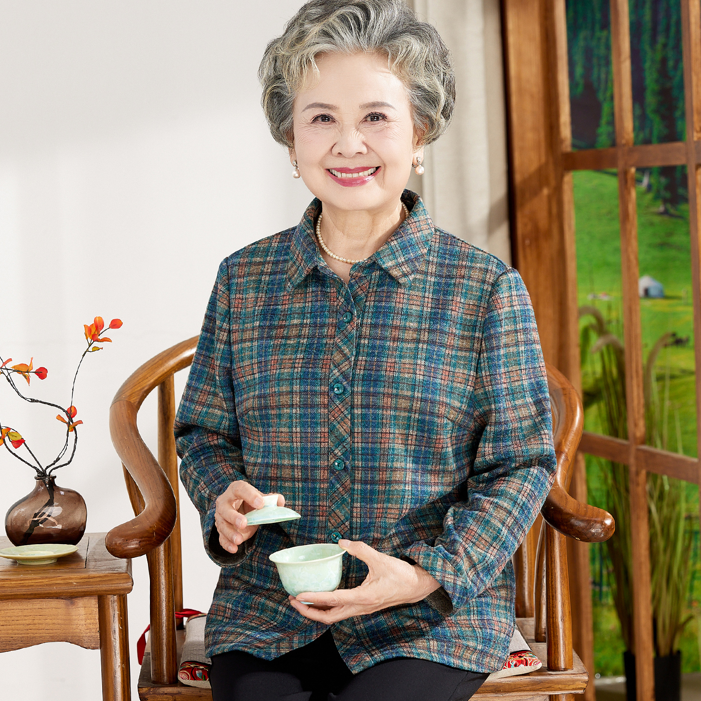 中老年人女士春秋装女长袖外套60岁70老太太妈妈装老奶奶洋气衬衫