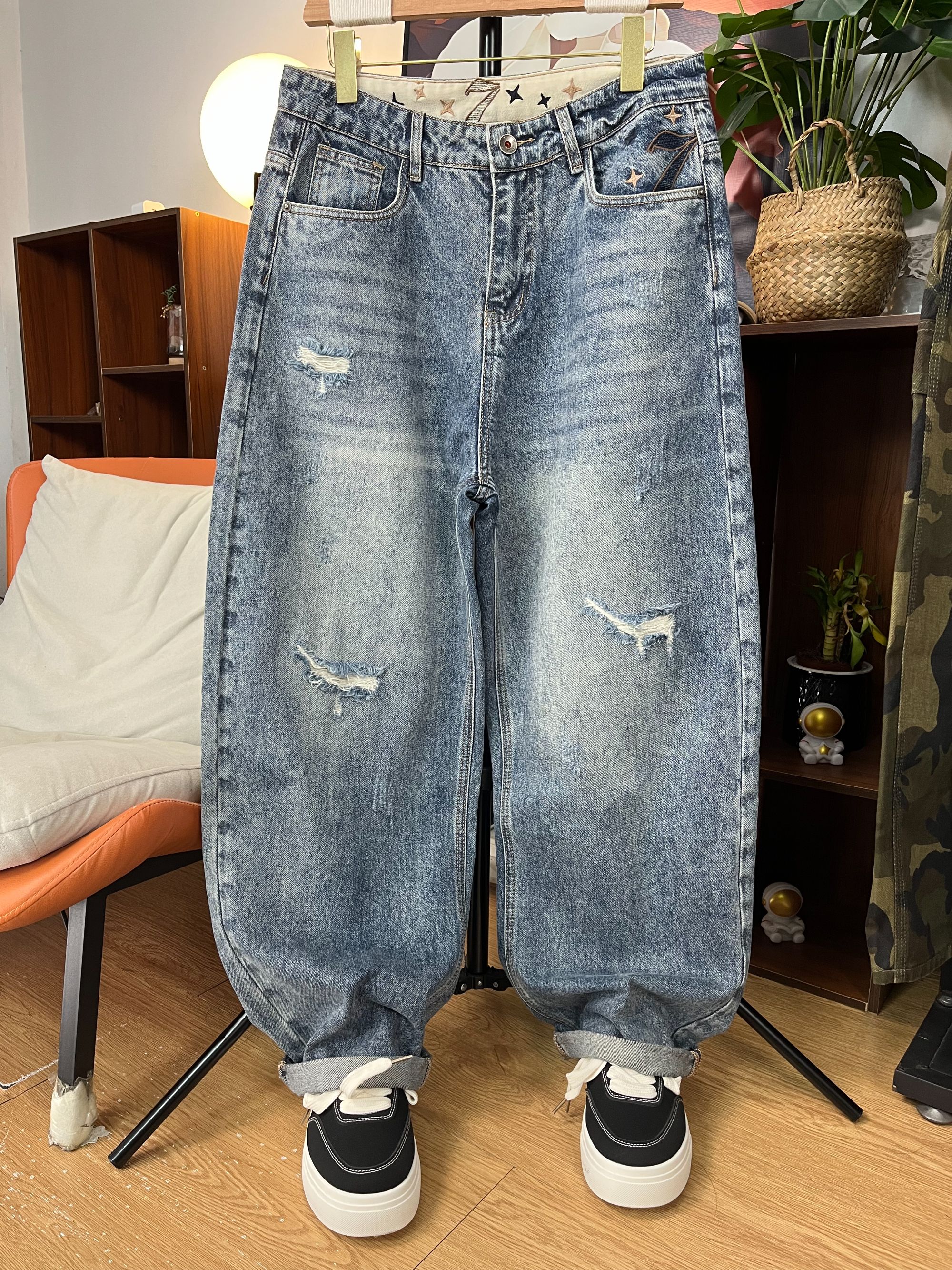 强盛哈伦老爹痞帅复古破洞补丁牛仔裤男直筒宽松百搭锥形乞丐裤子