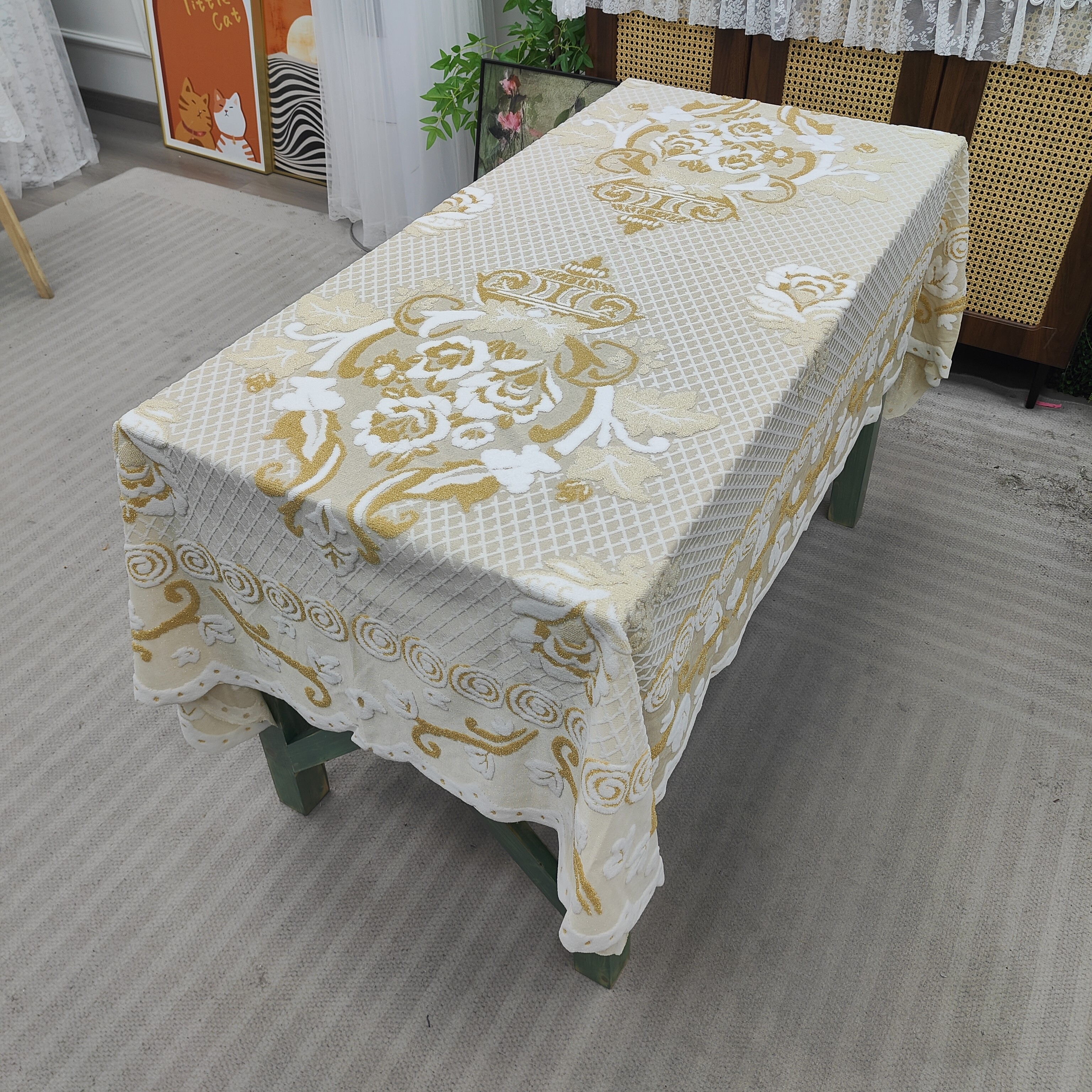【金丝百合140*200】烫金花纹纯色高级感桌布茶几餐桌防尘盖