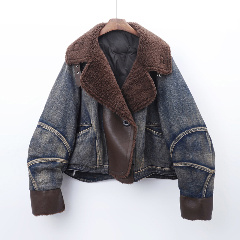 2025冬季新款韩版时尚PU皮拼接牛仔羽绒服女宽松夹克上衣外套加厚