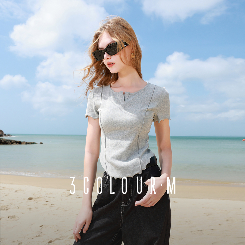 三彩2025夏季新款圆领木耳边T恤正肩短袖上衣修身短款套头衫M