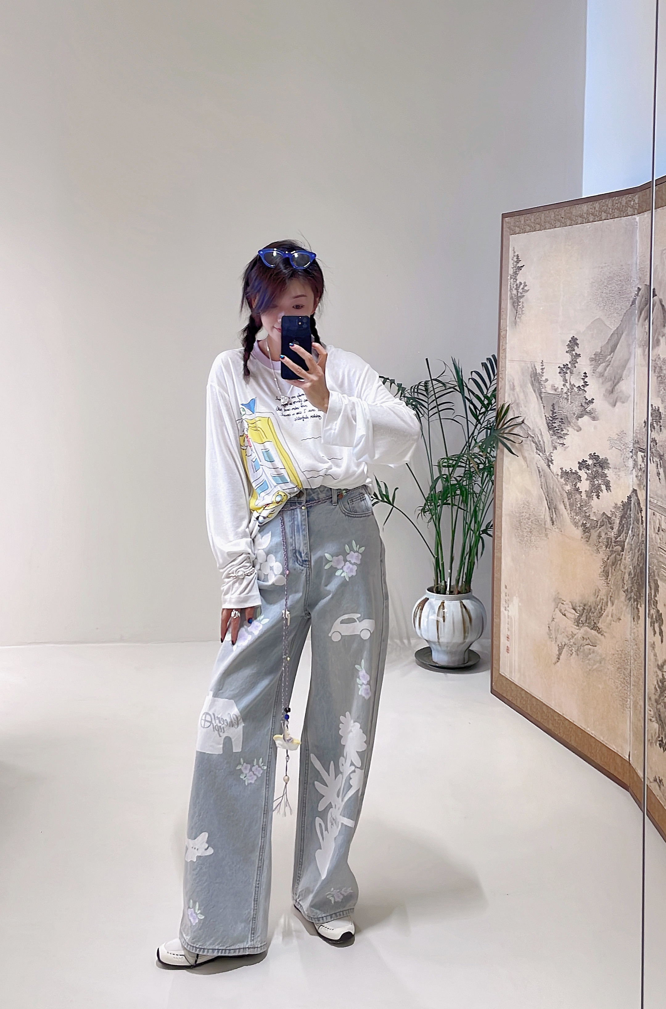 CUU_石板晒印喷白牛仔阔腿裤