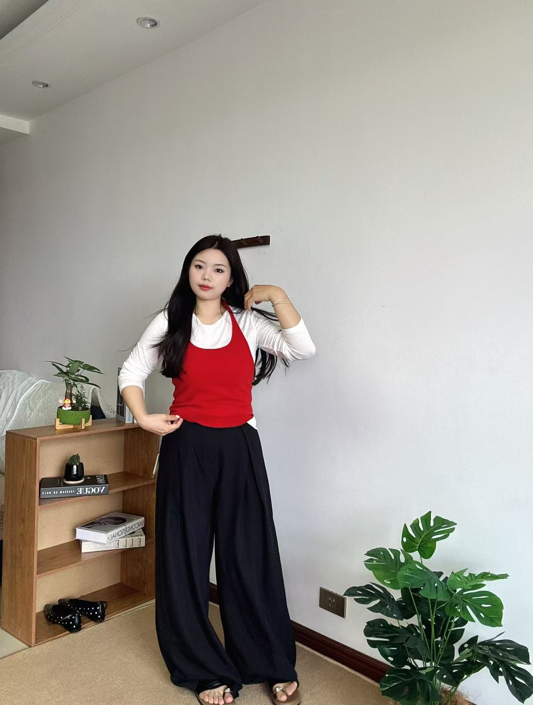 韩系设计感女圆领挂脖长袖两件套秋季百搭常规款T恤