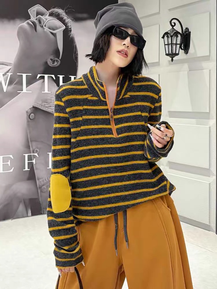 Phm秋冬新款加绒条纹半拉链上衣+裤子套装AGN 52281