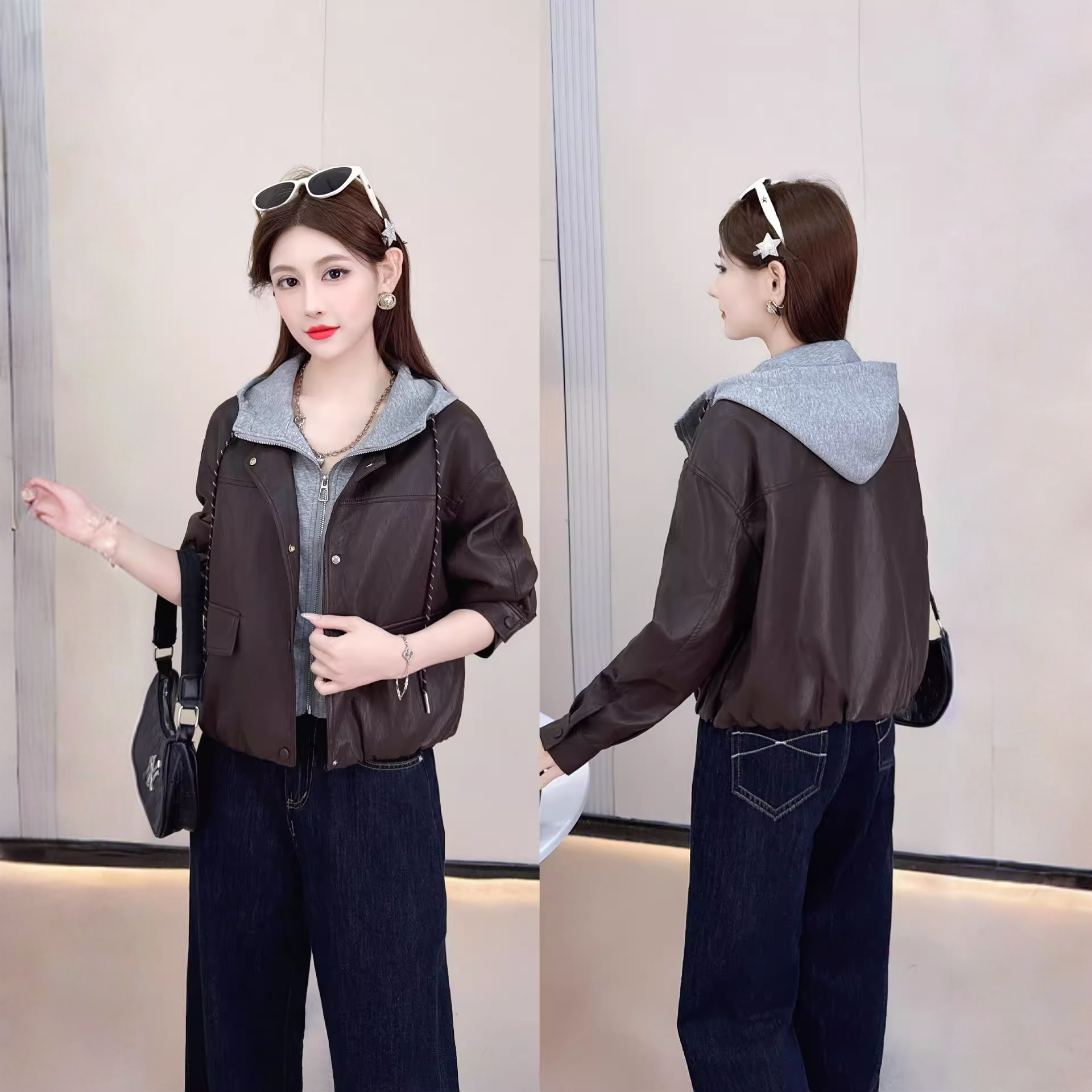 【送运费险】连帽皮衣外套2025春秋拼接撞色减龄假两件短款长袖夹克