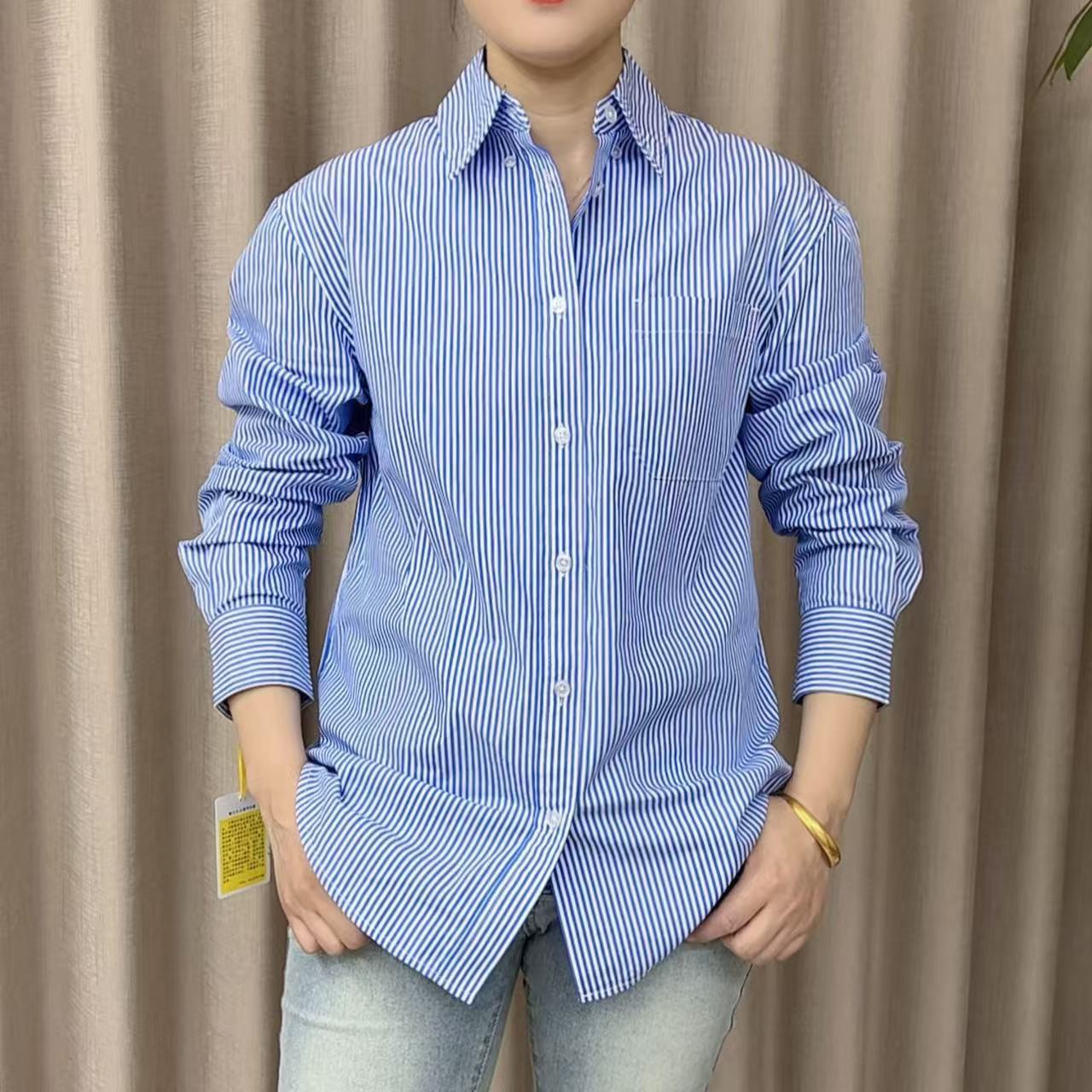 2025年春夏季府绸薄款高级感纯棉衬衫女长袖蓝色宽松潮流时尚