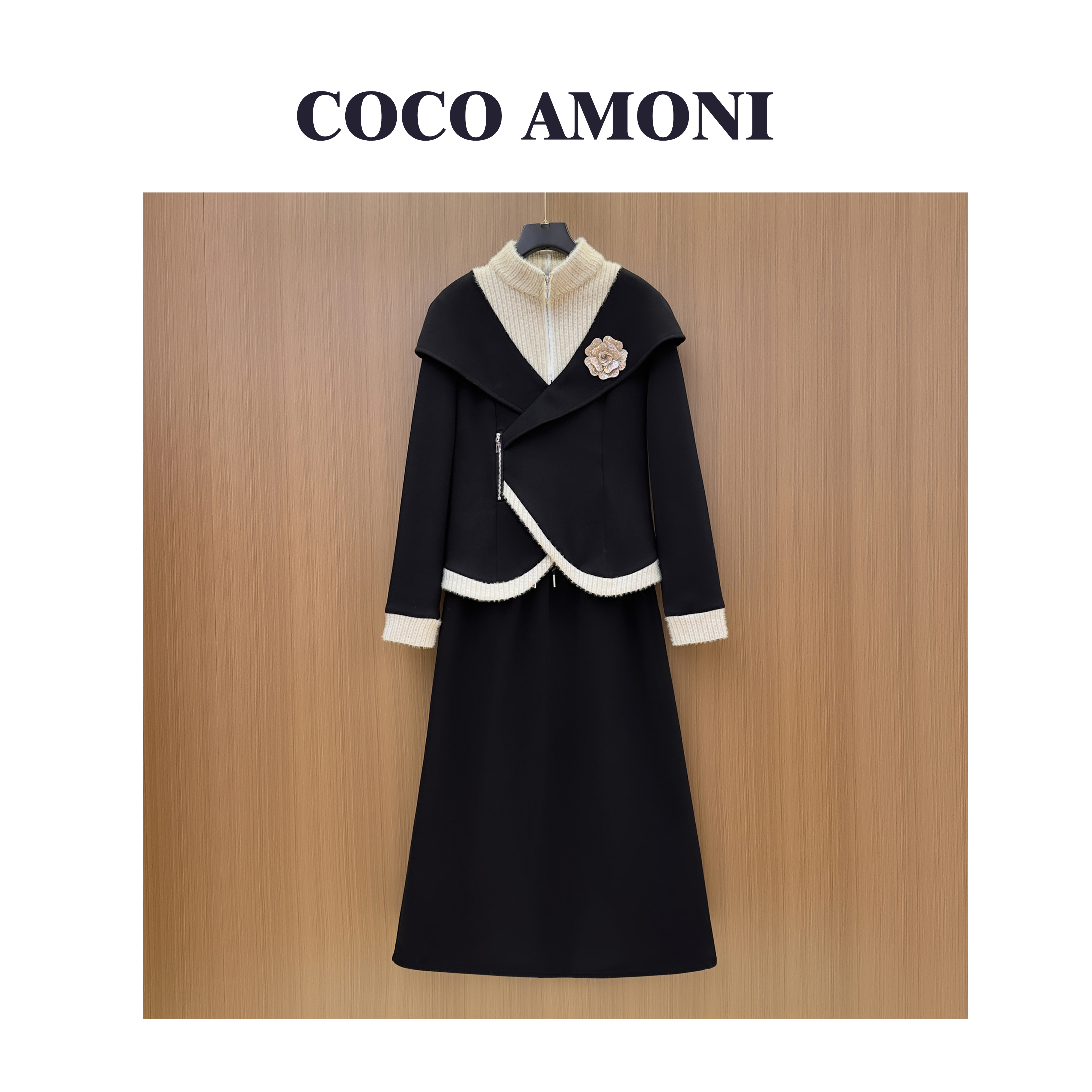 时尚新款秋冬高级感拼接重工烫钻花朵显瘦减龄长袖套装LG097