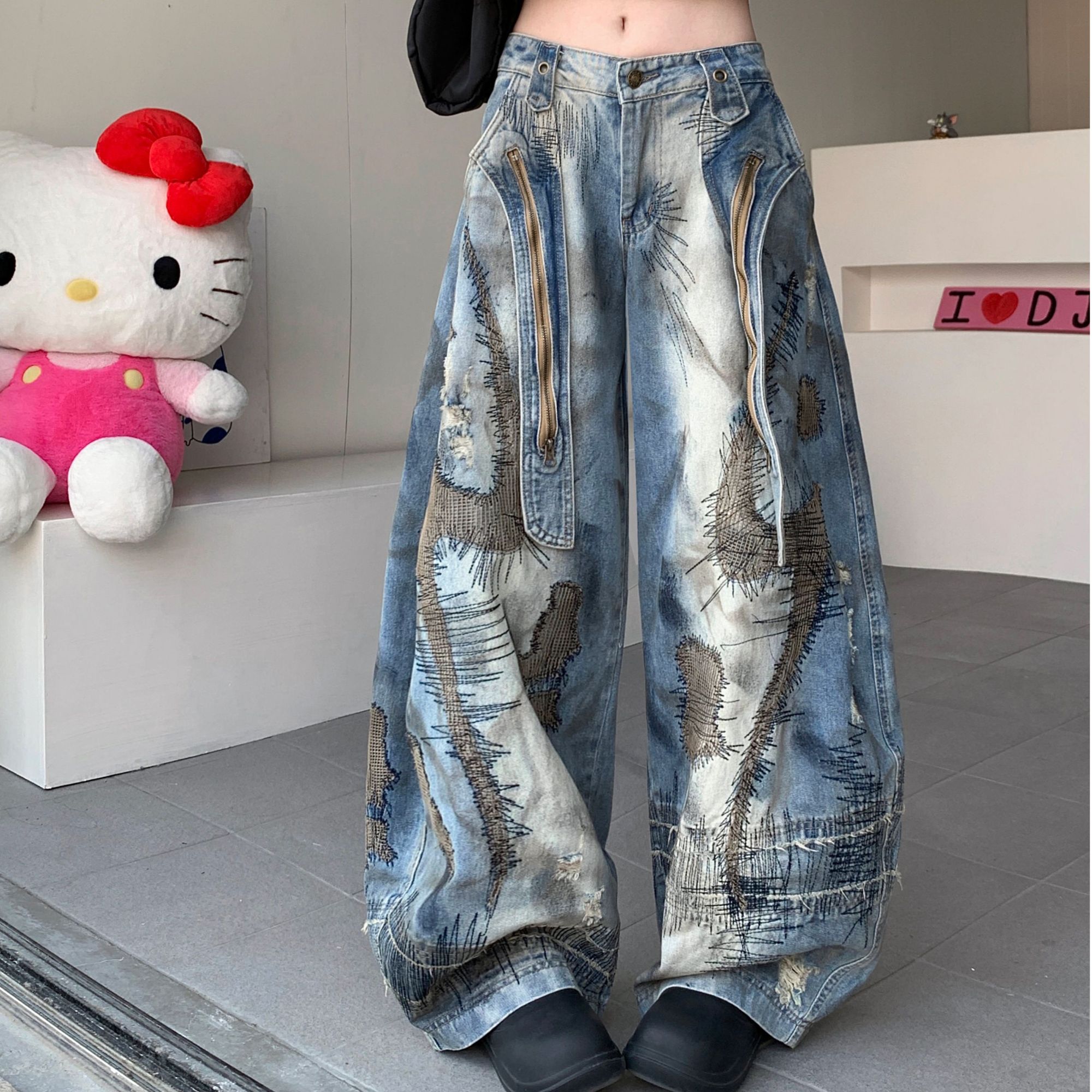 美式复古高街水洗做旧涂鸦擦色脏染弯刀牛仔裤男女宽松重磅阔腿裤