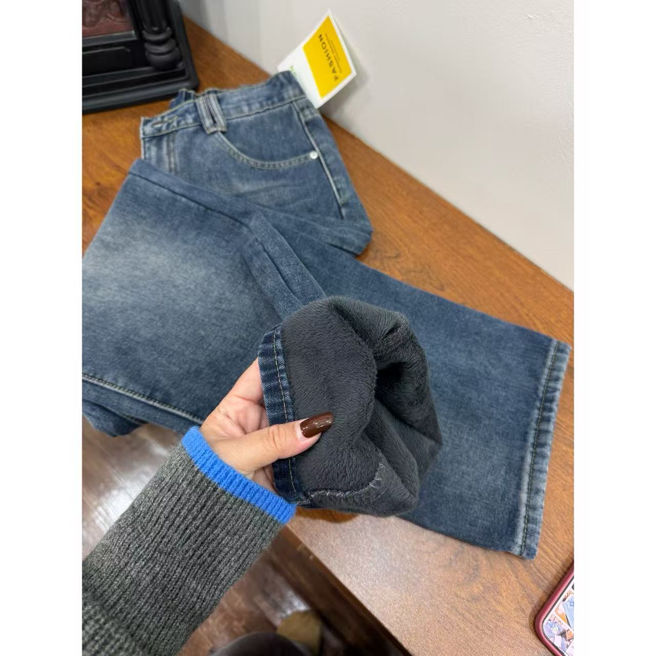 【尘灰蓝】秋冬加绒松紧腰显瘦牛仔裤女拖地裤宽松大码阔腿直筒裤