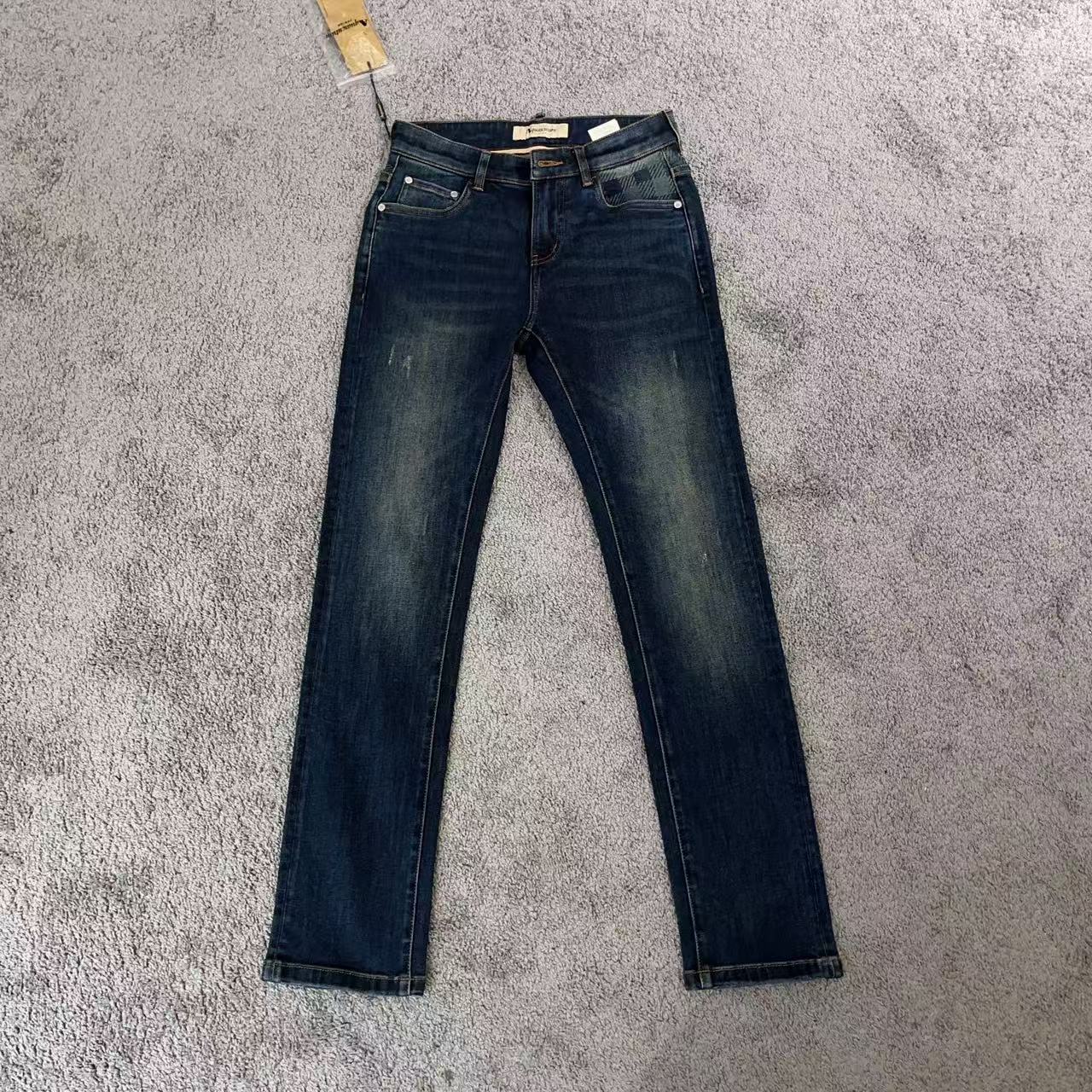 Aquascutum/雅格狮丹25秋冬男士水洗格纹蓝色小直筒休闲牛仔裤