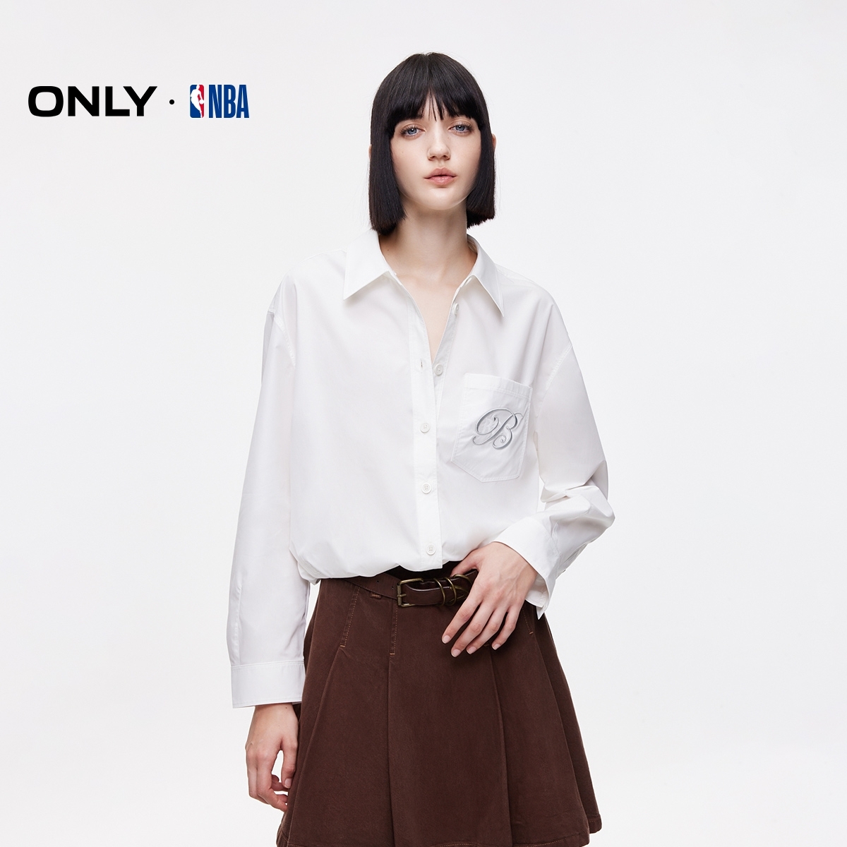 ONLY2026春季新款NBA联名款花苞下摆宽松长袖衬衫女|125405001
