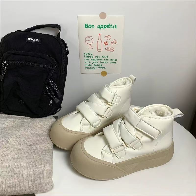 1753奶茶厚底高帮面包鞋女2025冬季新款百搭chic加绒保暖魔术贴鞋