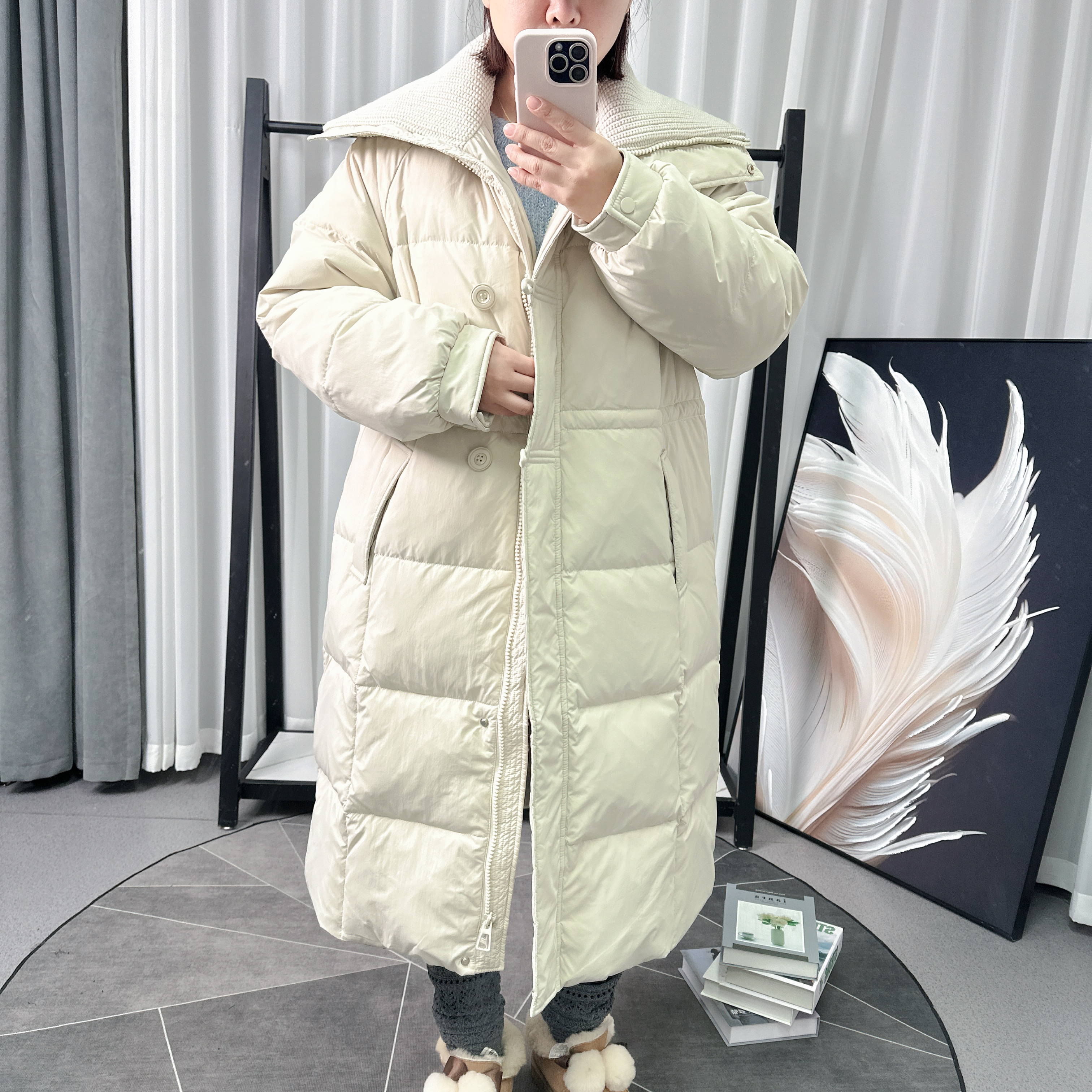 【姬凡浠】冬季新款针织翻领长款羽绒服-668158