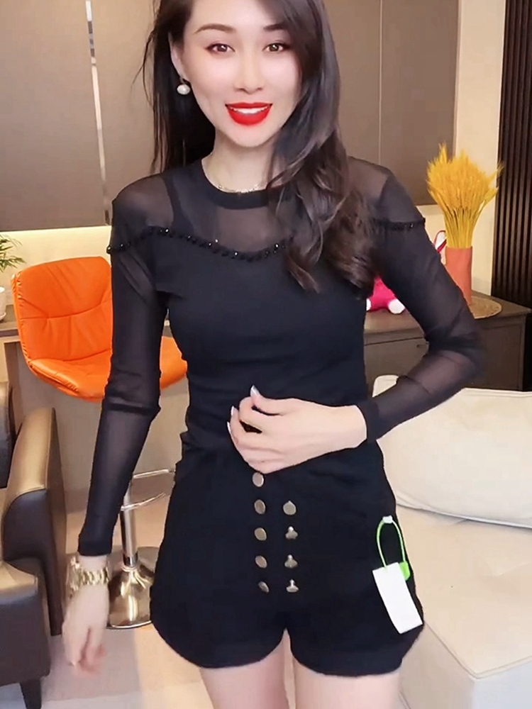 气质蕾丝网纱黑色t恤衫女长袖钉珠微透洋气黑色上衣显瘦打底衫女