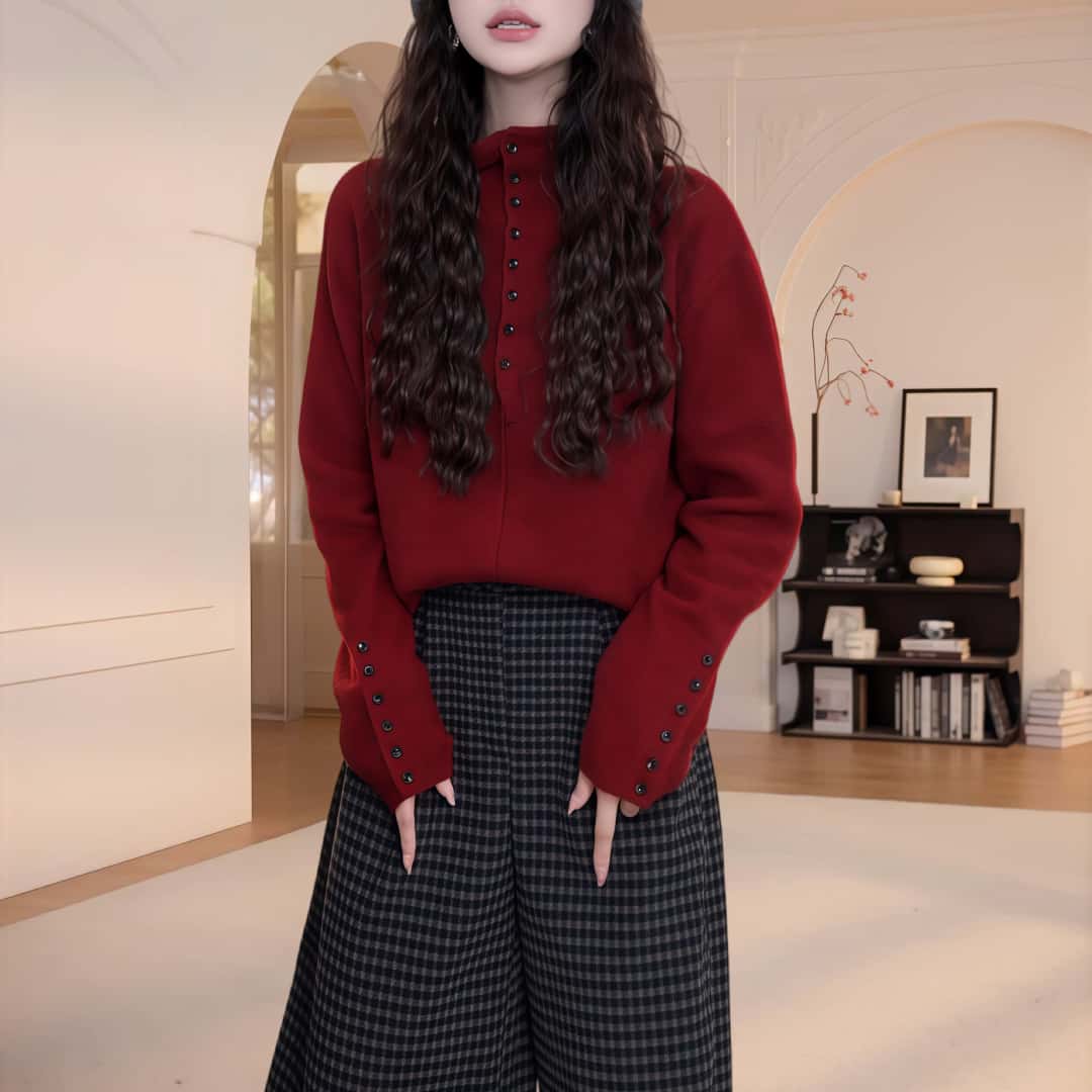 冬季新款韩系慵懒风半高领纽扣红色毛衣时尚百搭显瘦长袖针织衫女