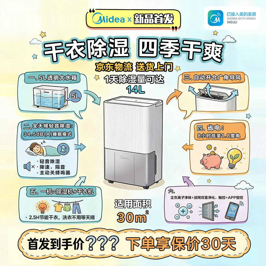 【重磅新品首发】美的小杏芙干衣除湿机14DK家用防潮防霉回南天14升商品图