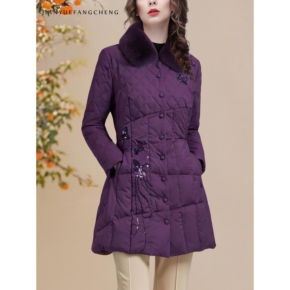 YIHUI伊卉羽绒服女冬季毛领加厚保暖中长款时尚90白鸭绒WI257360