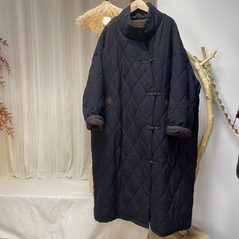 原创设计高定款文艺复古新中式斜襟盘扣棉袍棉服外套宽松长款 冬