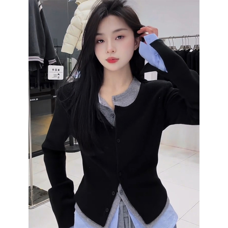 洋气独特别致假三件针织打底衫女早春小个子撞色拼接内搭长袖上衣