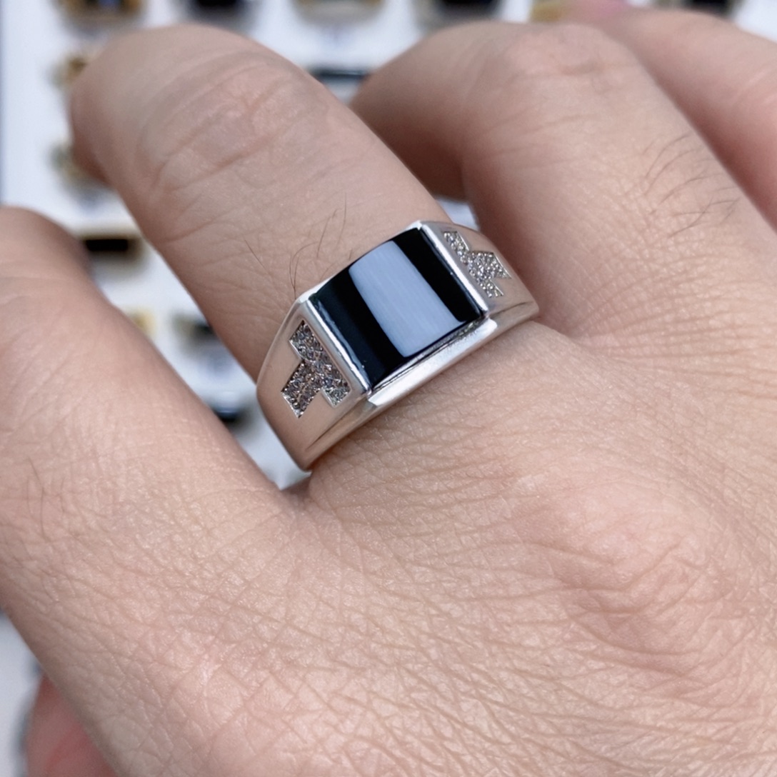 翡翠银S925镶嵌戒指墨翠戒指