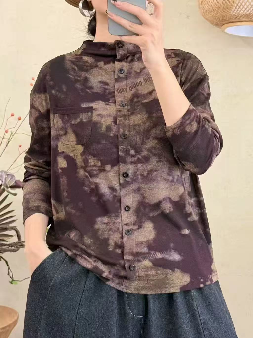 长袖扎染成人百搭竖排扣印花印染秋季小衫