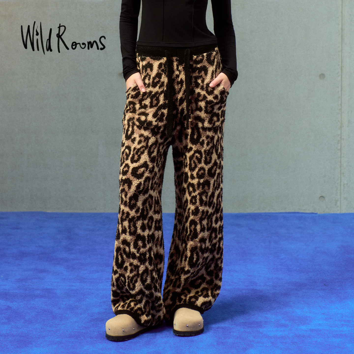 WildRooms百搭豹豹裤秋冬新款半边绒宽松显瘦豹纹时尚