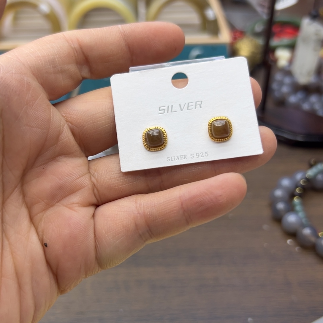 和田玉银S925镶嵌耳饰1025