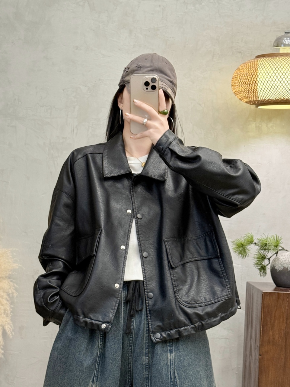 YIWEN环保皮高级感气质翻领宽松休闲皮衣外套1368
