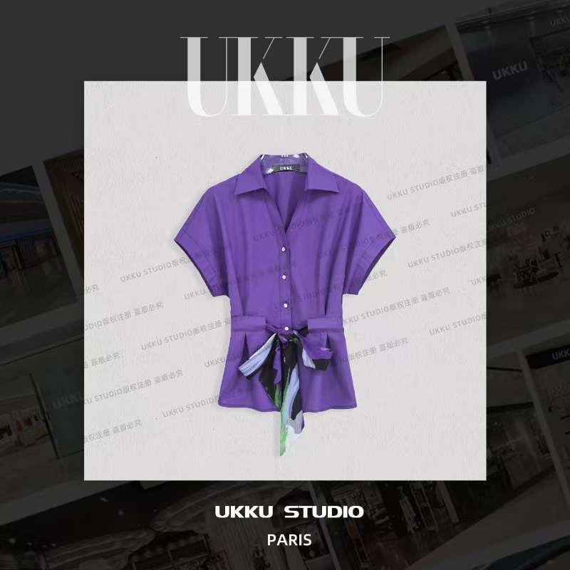 大美【UKKUSTUDIO】2025新款有衣领单排扣收腰紫色上衣514280