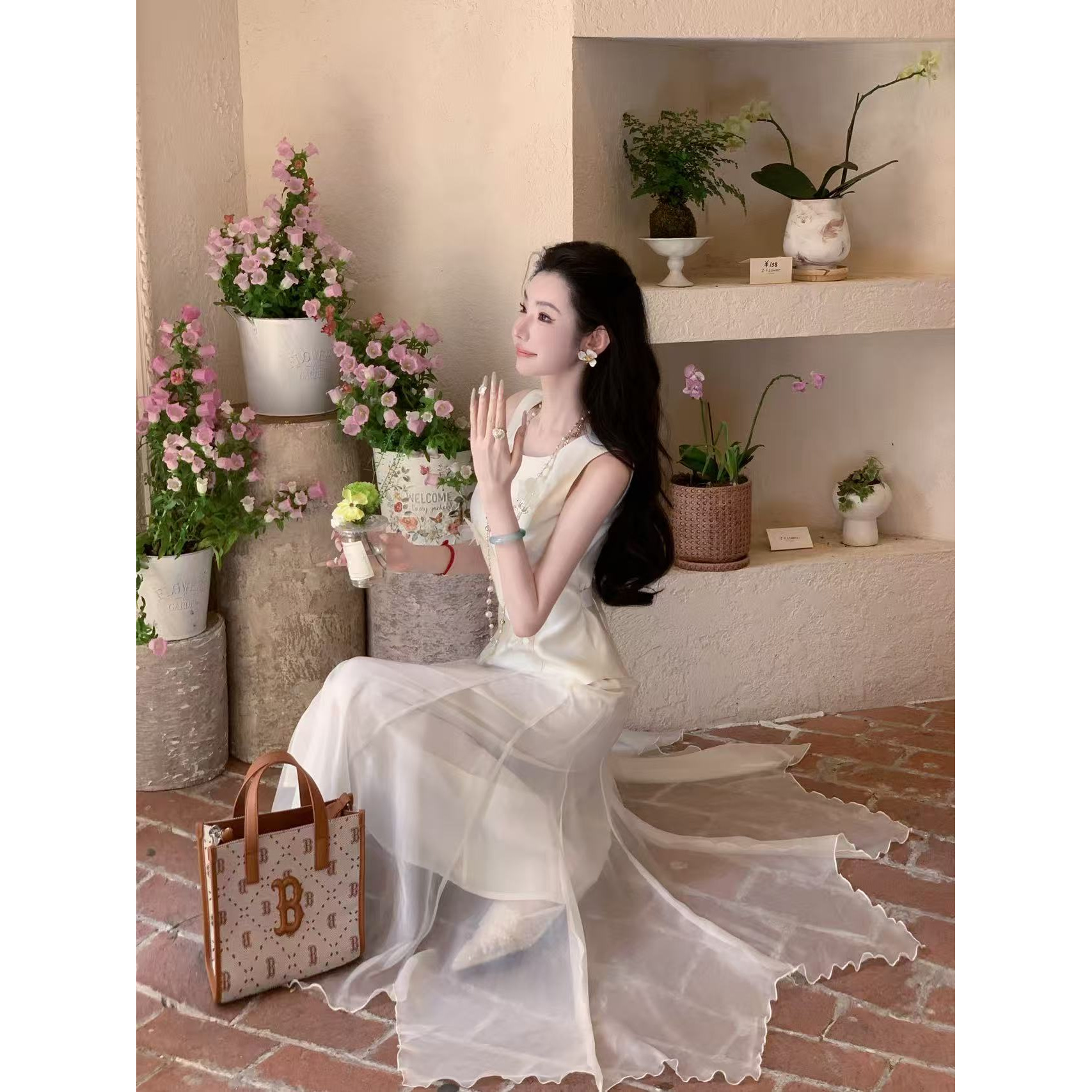 【雅乔定制】白雾山茶长款 花朵圆领背心纱裙连衣裙DYTH-25023747