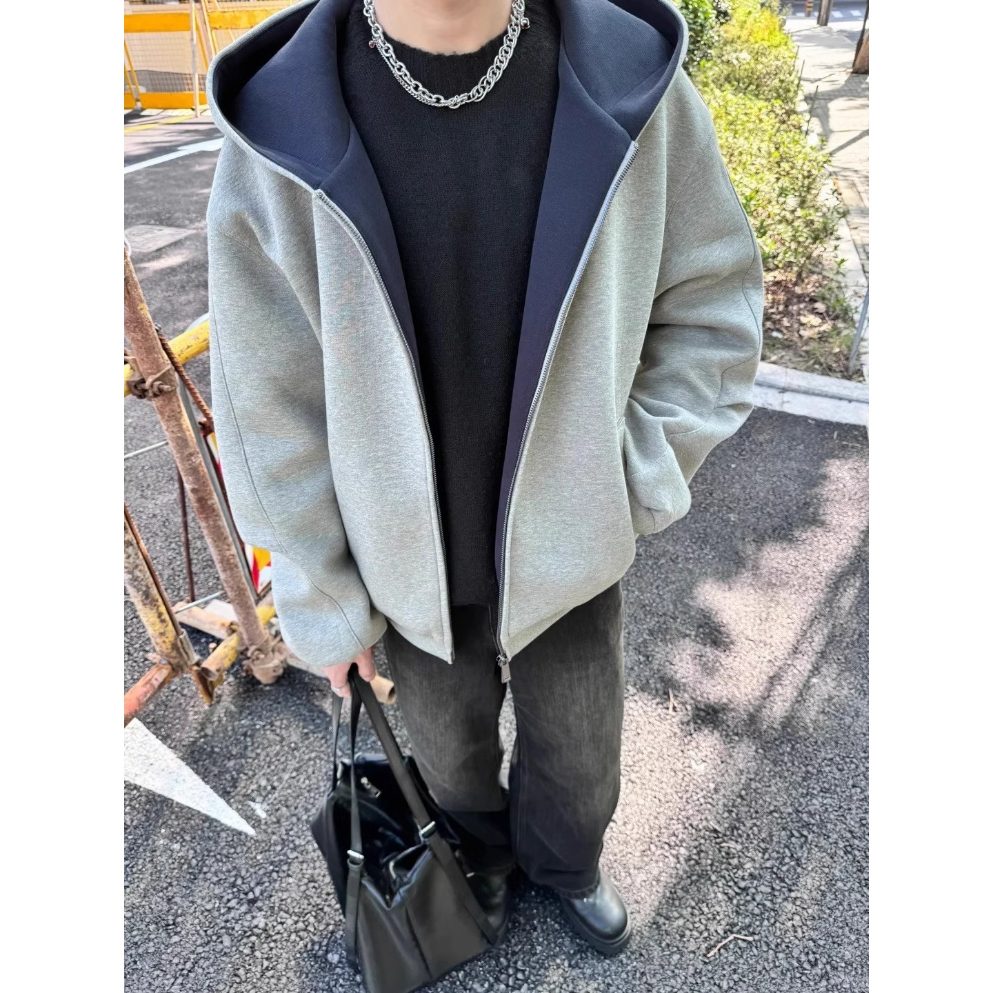 6805 美式高街重磅双拉链连帽卫衣撞色宽松休闲开衫廓形外套