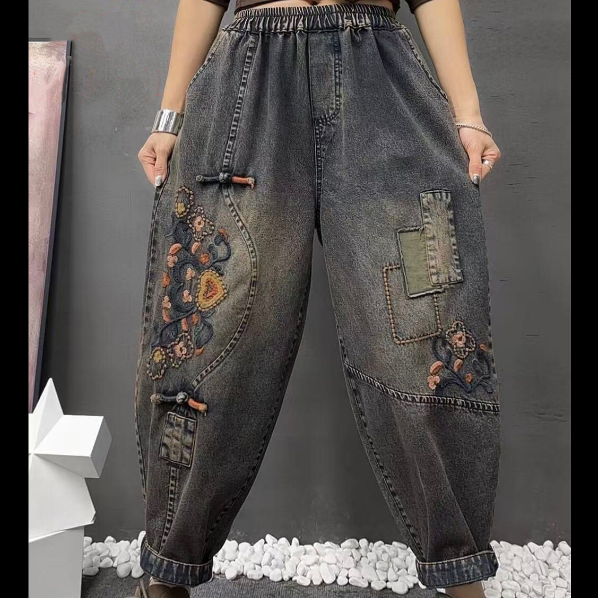 【铃铃】春款炒色水洗宽松繁花似锦牛仔老爹裤腰围106臀围136裤长90