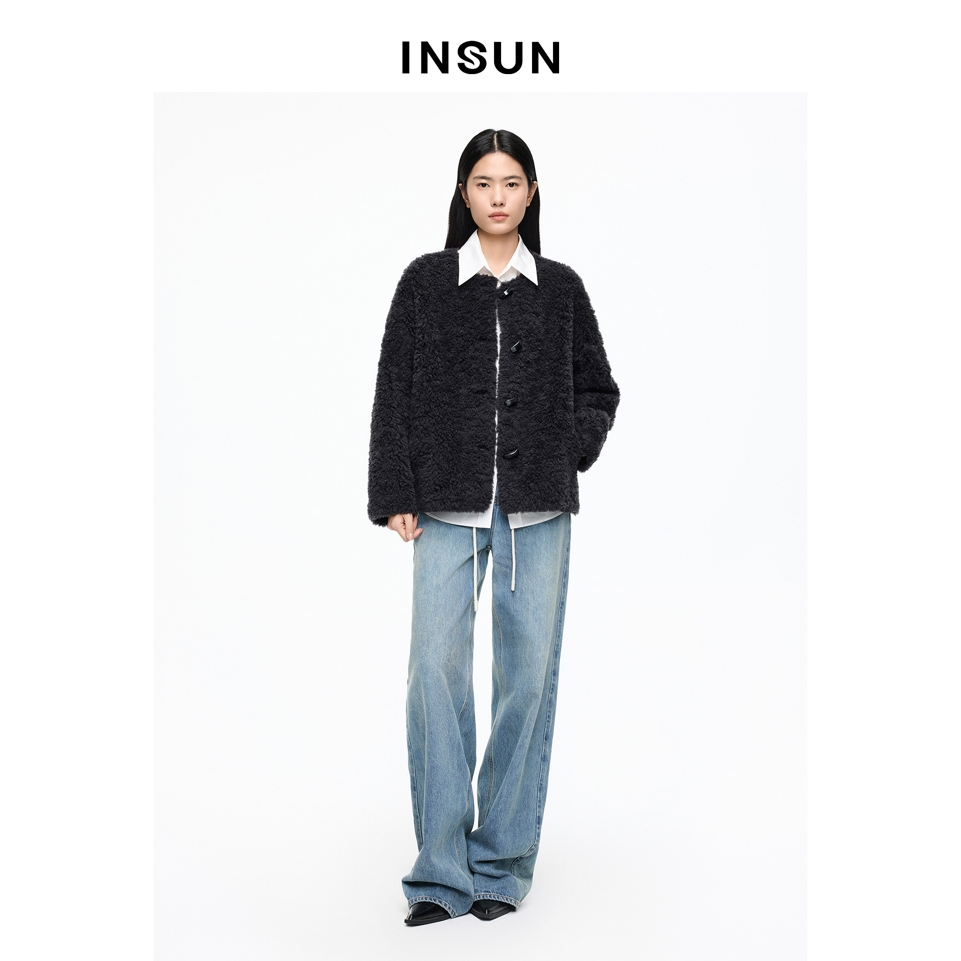 INSUN恩裳专选2026春季通勤风圆领松弛感羊毛短外套9C66110200