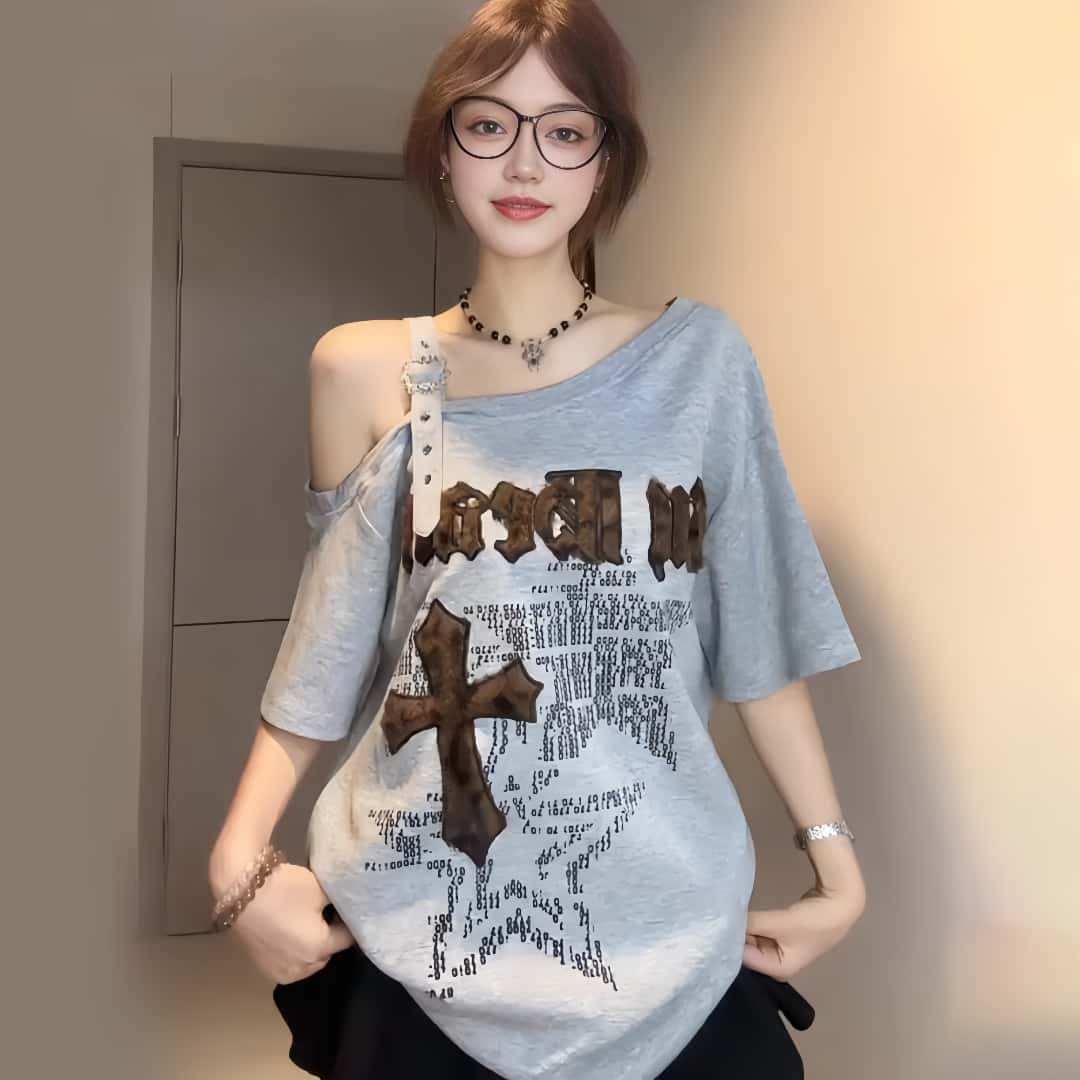 大码胖mm美式复古豹纹斜肩短袖T恤女夏季设计感小众宽松露肩上衣