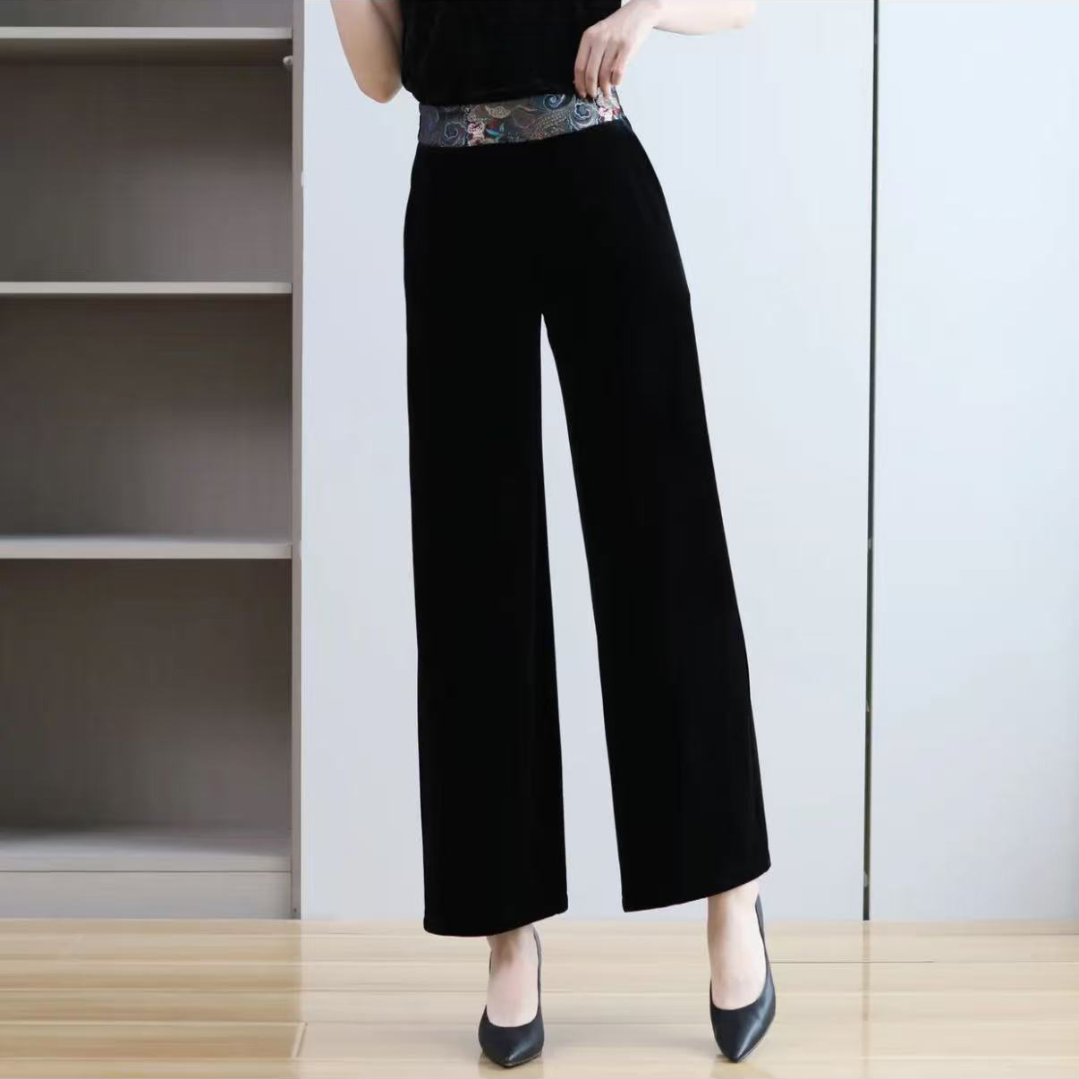 【国风】中国风秋季新款女士气质时尚高腰仿刺绣显瘦阔腿裤