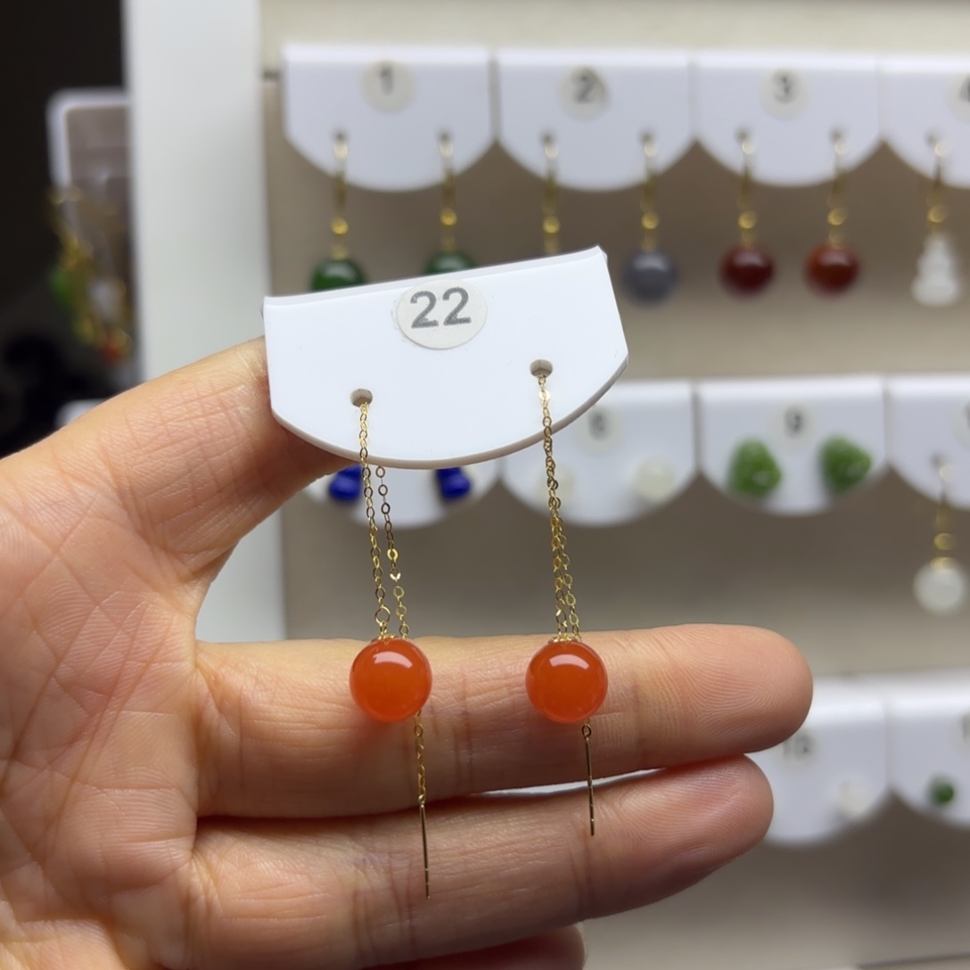 南红玛瑙18K金镶嵌耳饰