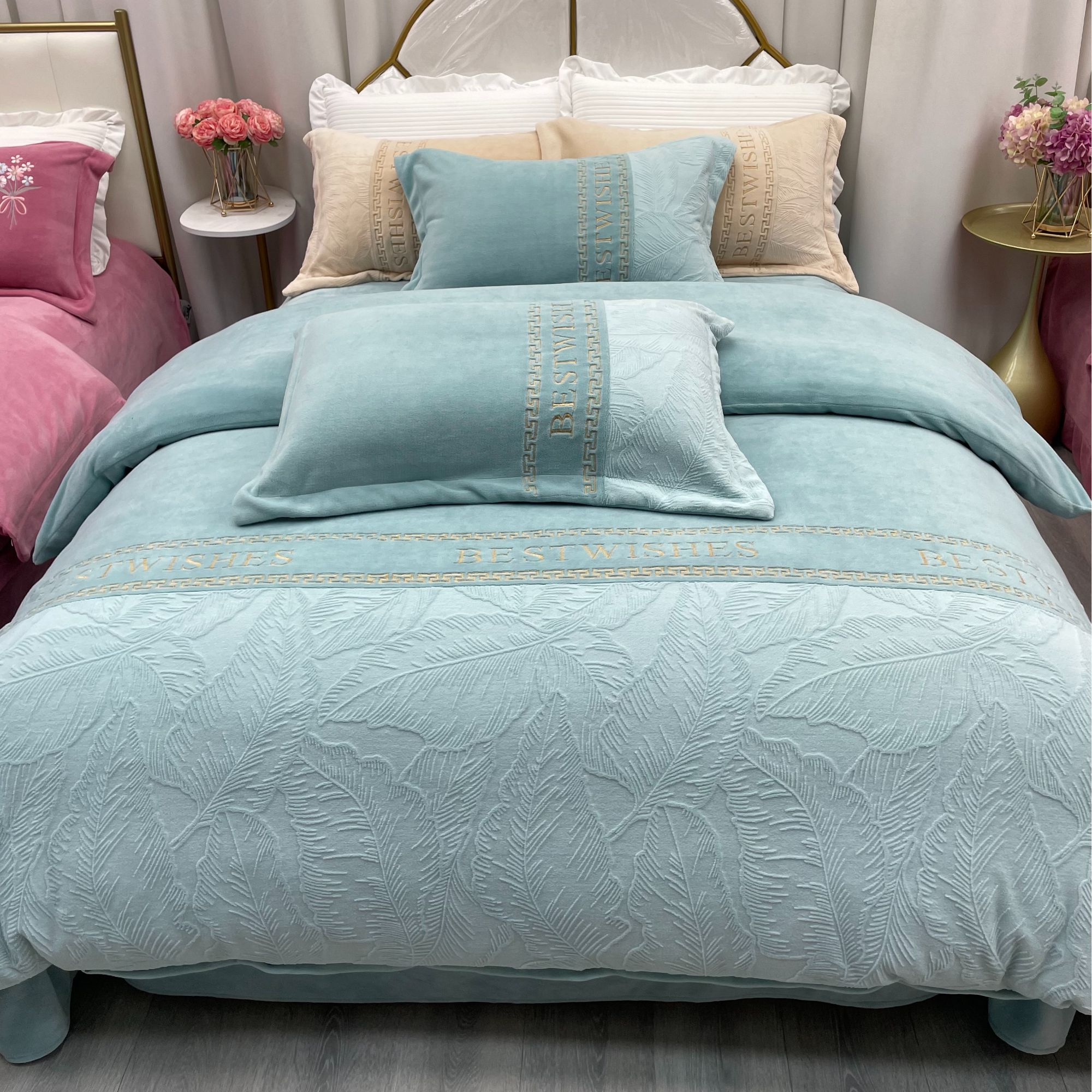 【洋盛家纺】 保暖加厚刺绣浮雕牛奶绒纯色床上宝宝绒被套四件套 