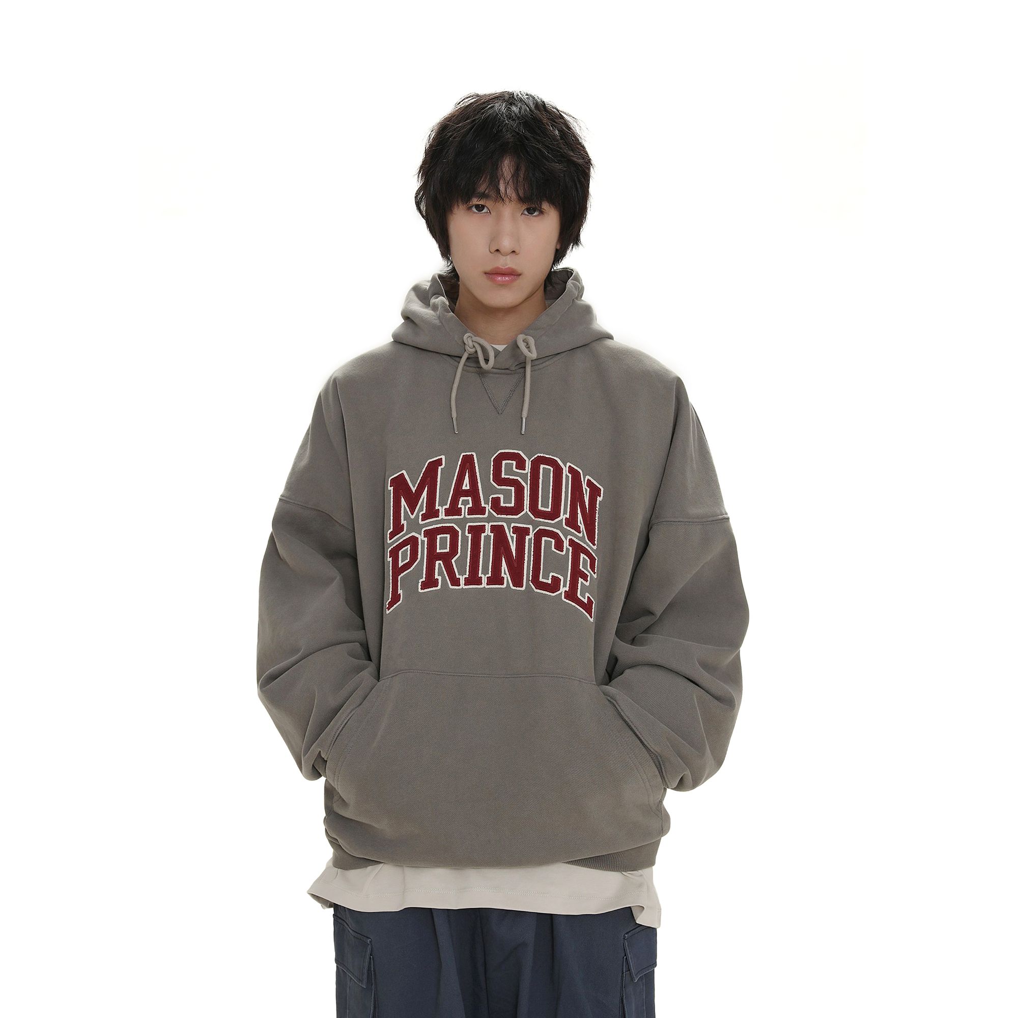 MASONPRINCE 复古学院风贴布刺绣logo三角连帽卫衣男美式宽松上衣