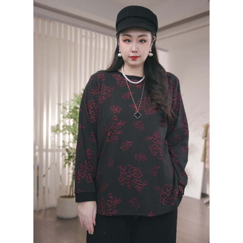 大码女装休闲风圆领宽松型常规款透气女性长袖大码T恤