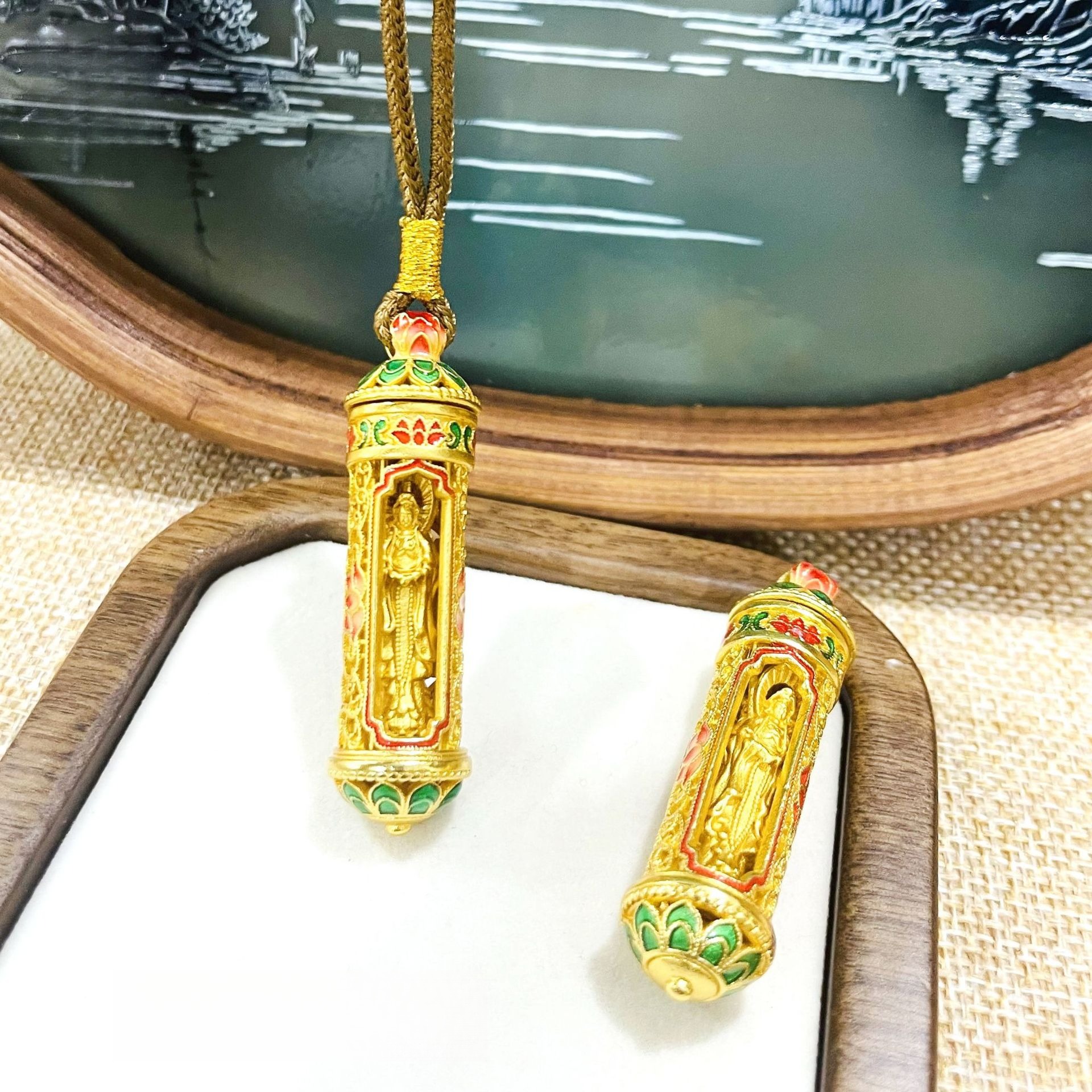 【矿金手工制作】转动莲花观音桶吊坠新中式珐琅彩饰品挂件项链