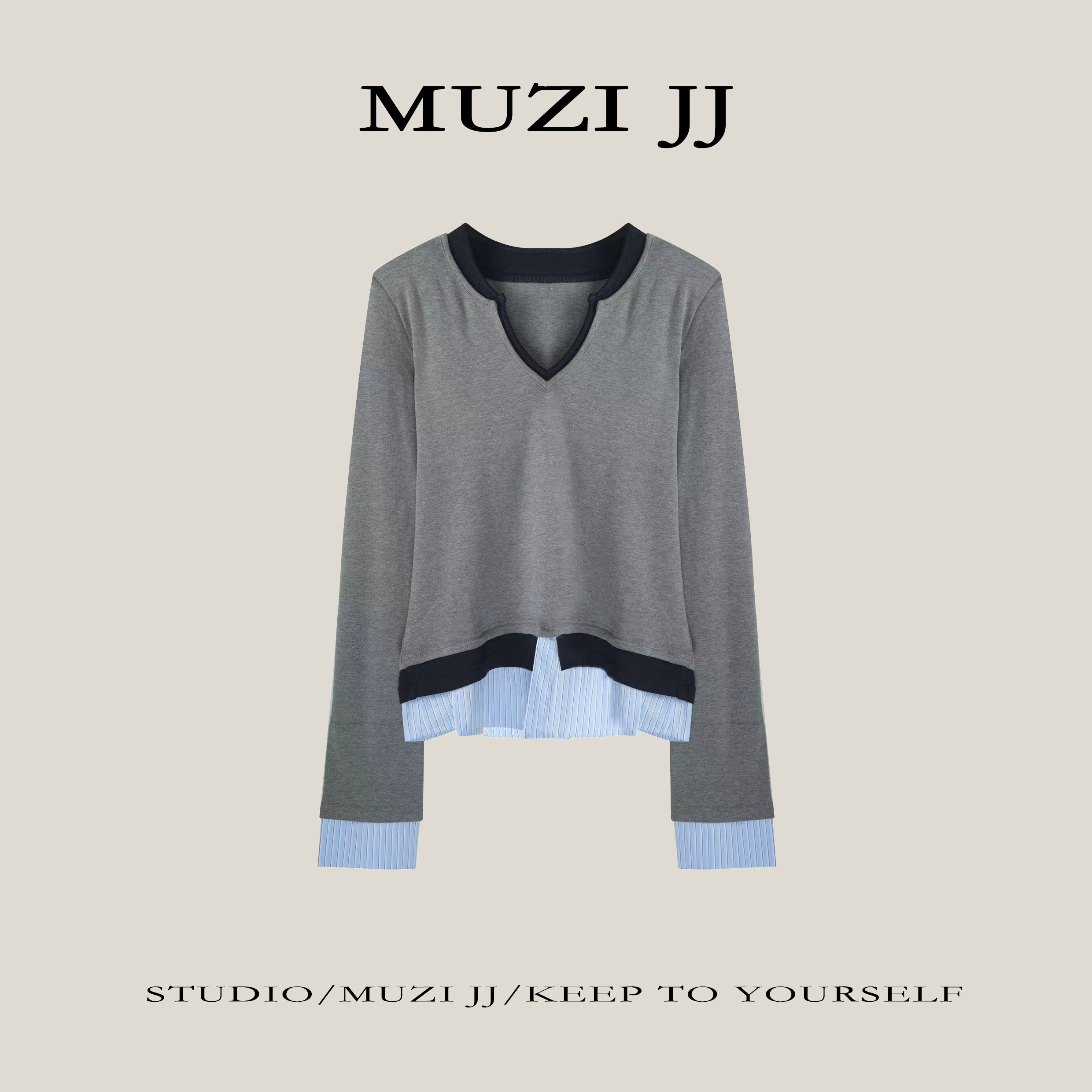 MUZI-78598韩系时尚气质撞色假两件拼接V领长袖T恤