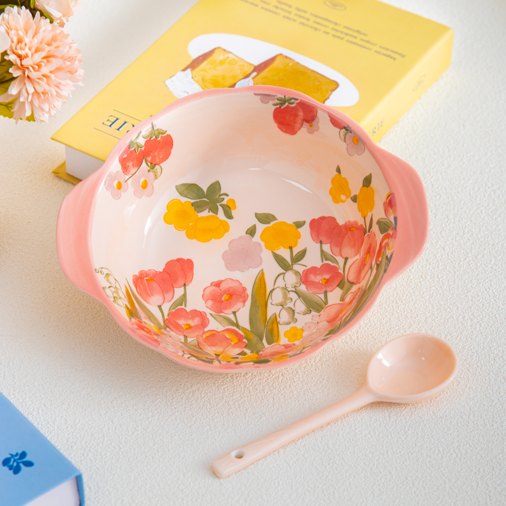 釉下彩家用陶瓷餐具彩虹系列8英寸双耳反口碗带长柄勺子