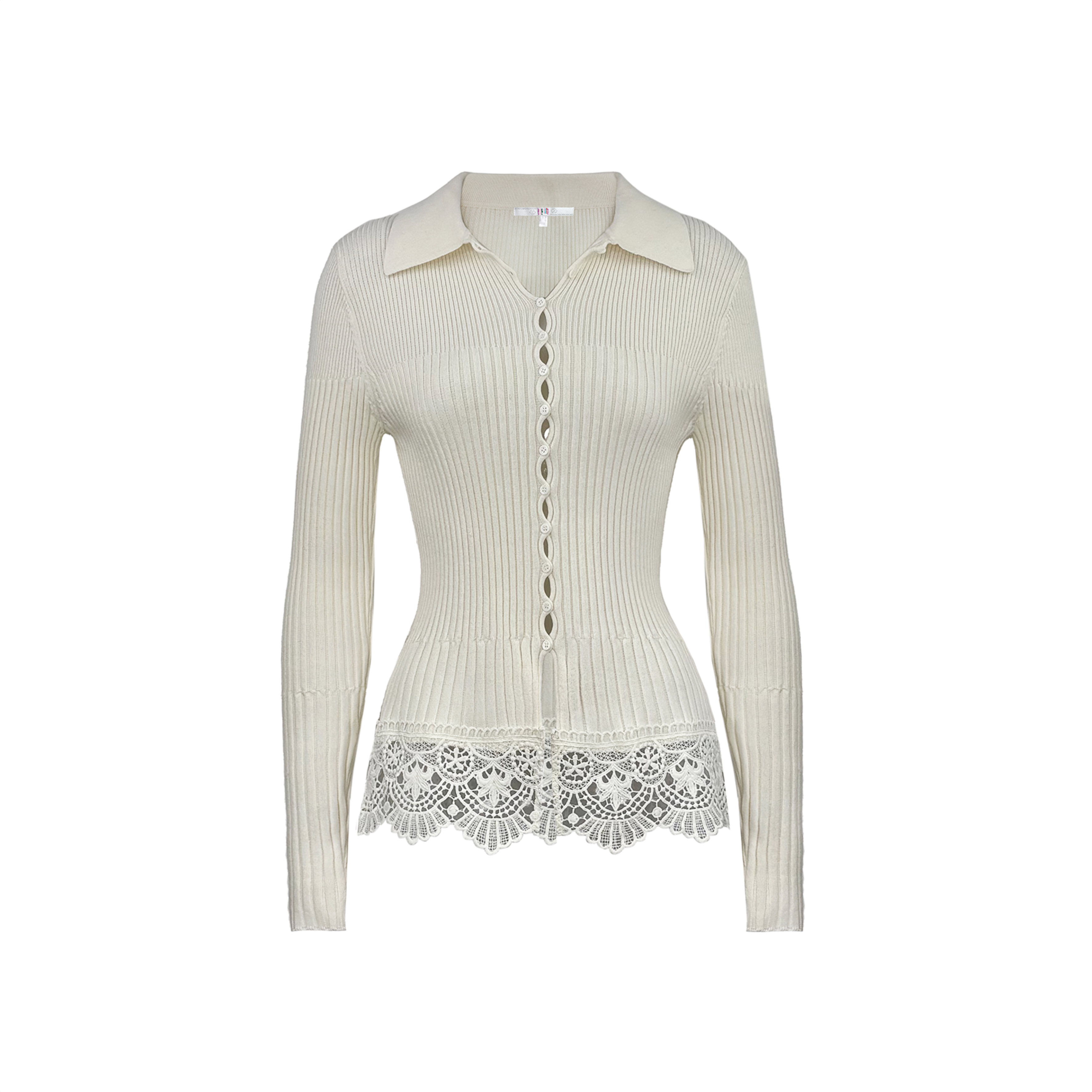 姜穹JIANGQIONG修身毛织衬衫领拼蕾丝下摆长袖上衣