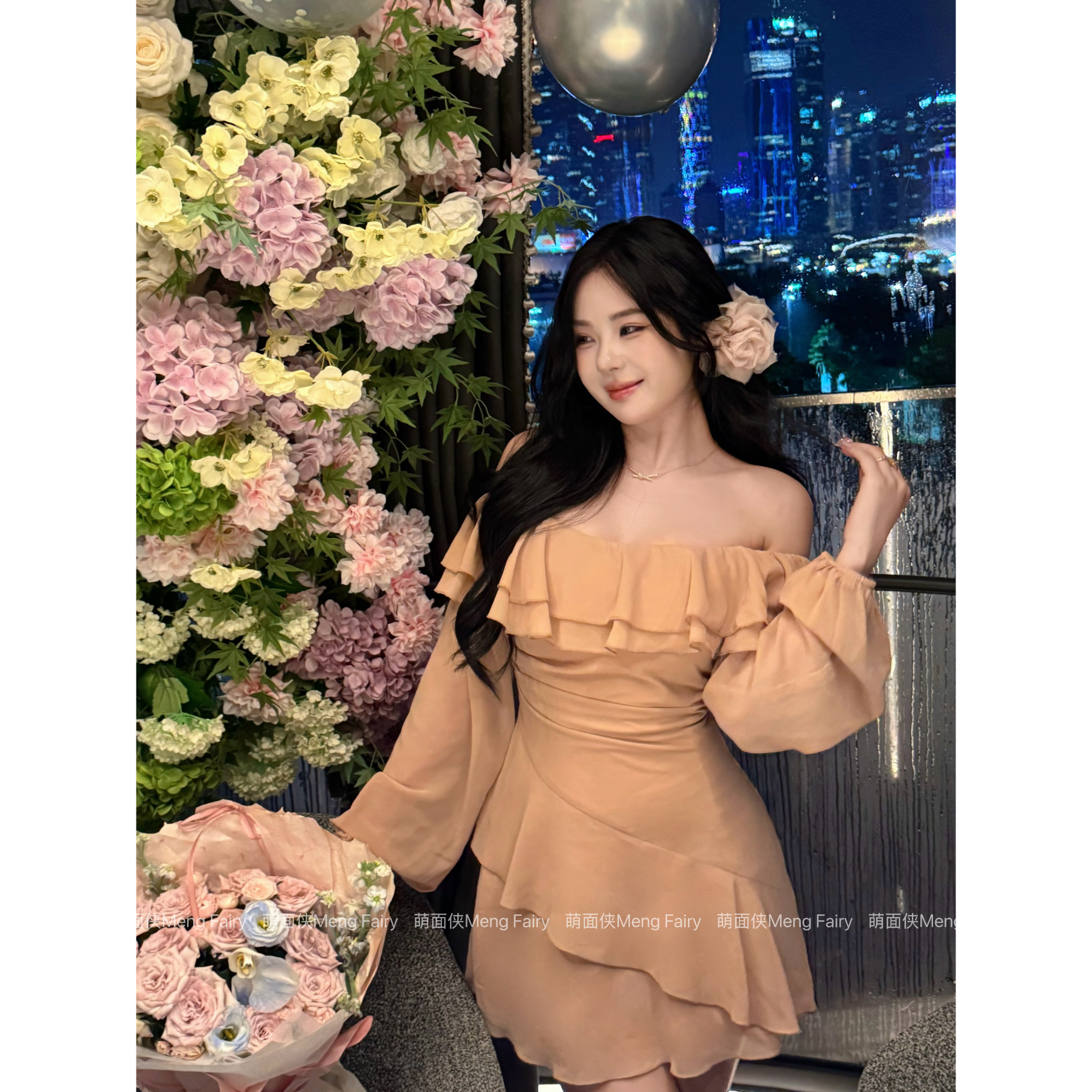 清清萌面侠【桃枝漫舞】风一字肩荷叶边雪纺连衣裙5888M