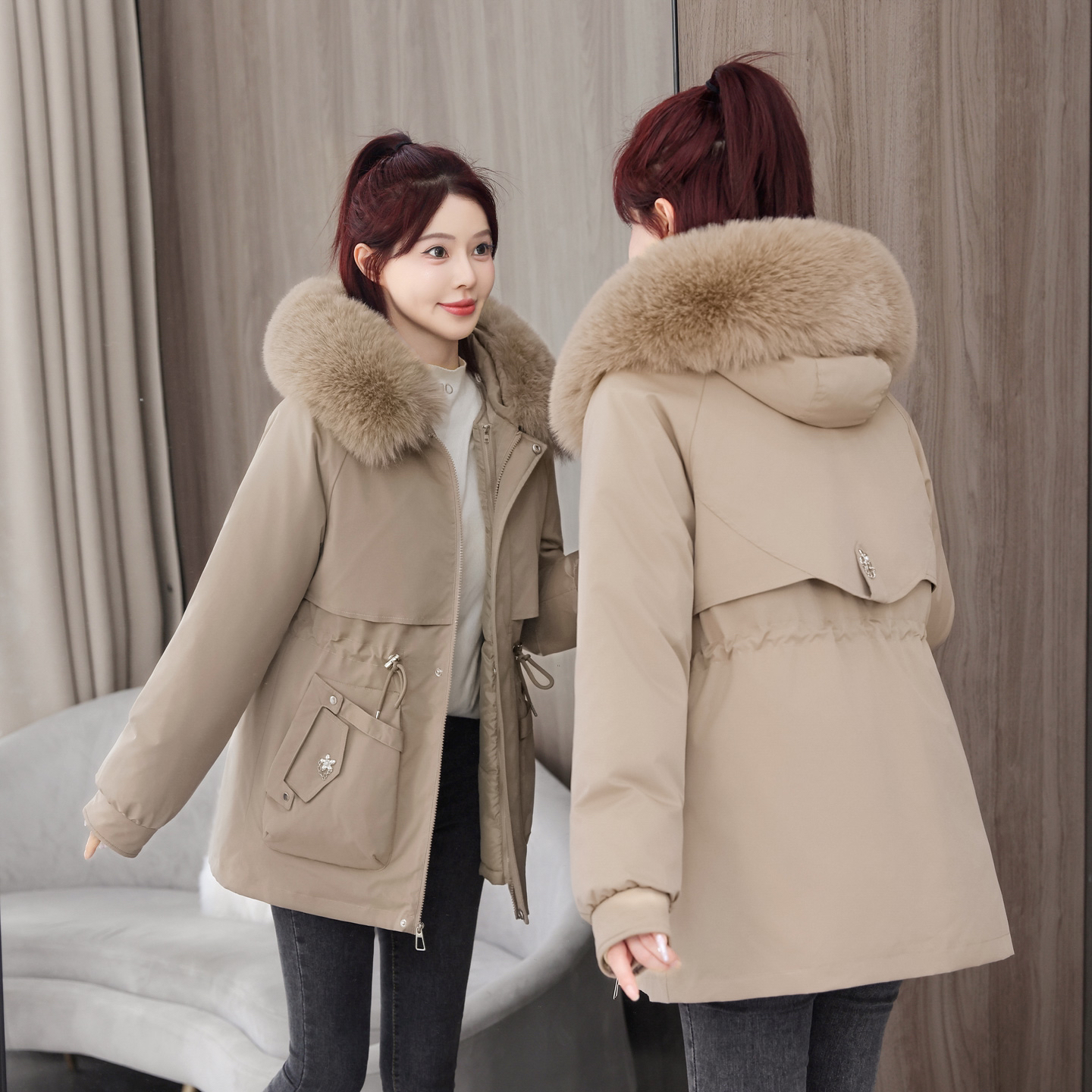 可拆卸内胆一衣三穿派克棉服2025新款大毛领时尚洋气派克保暖棉祆