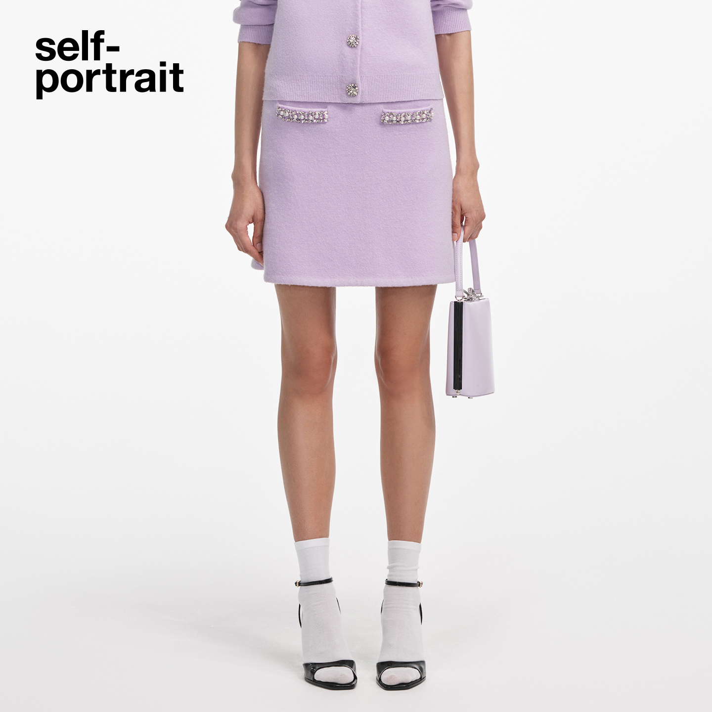 self-portrait 2025秋冬新款丁香紫钻饰小香风针织半身裙短裙
