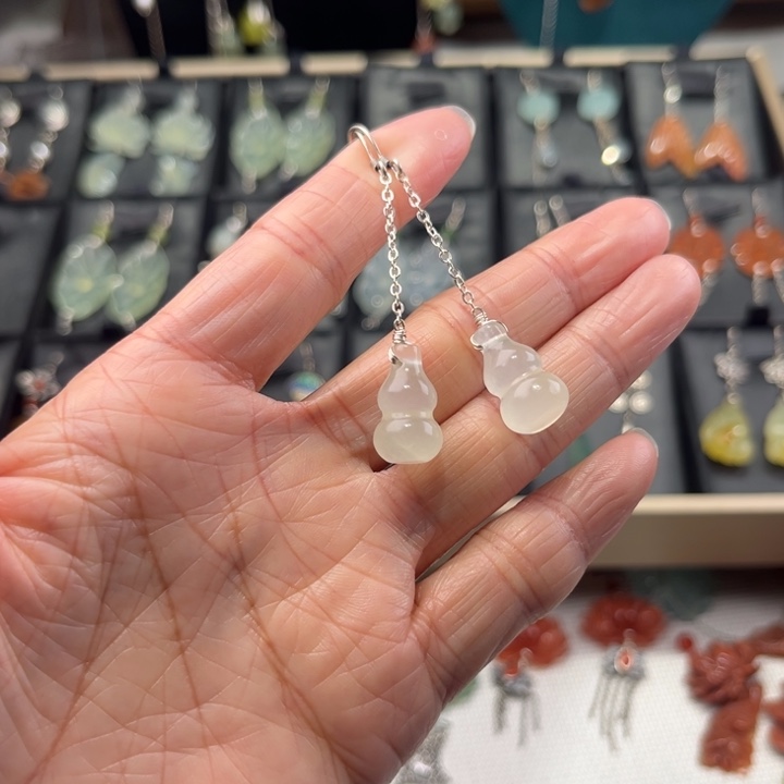 蛇纹石玉耳饰银S925镶嵌