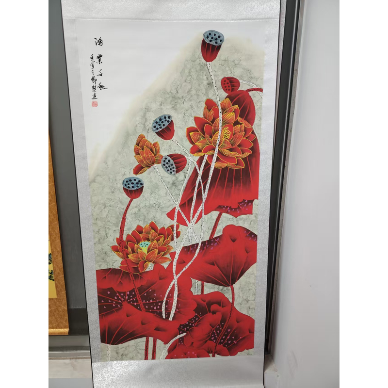 1.8米《红荷》-绢本-竖幅-玄关-花鸟挂画