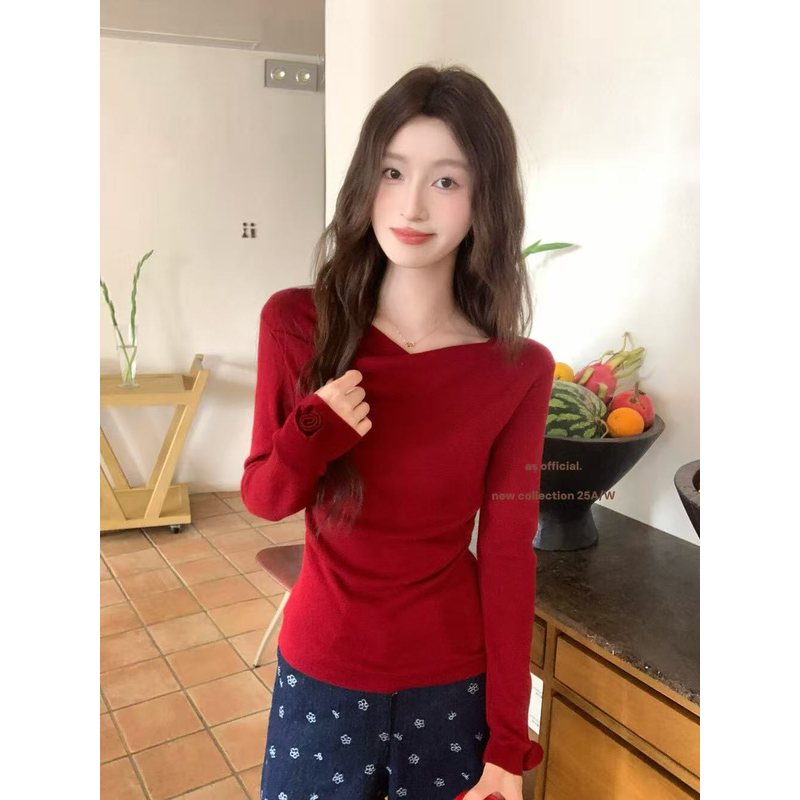 （6-8运贴）早秋设计感花朵不规则荡领针织衫温柔褶皱收腰修身小衫